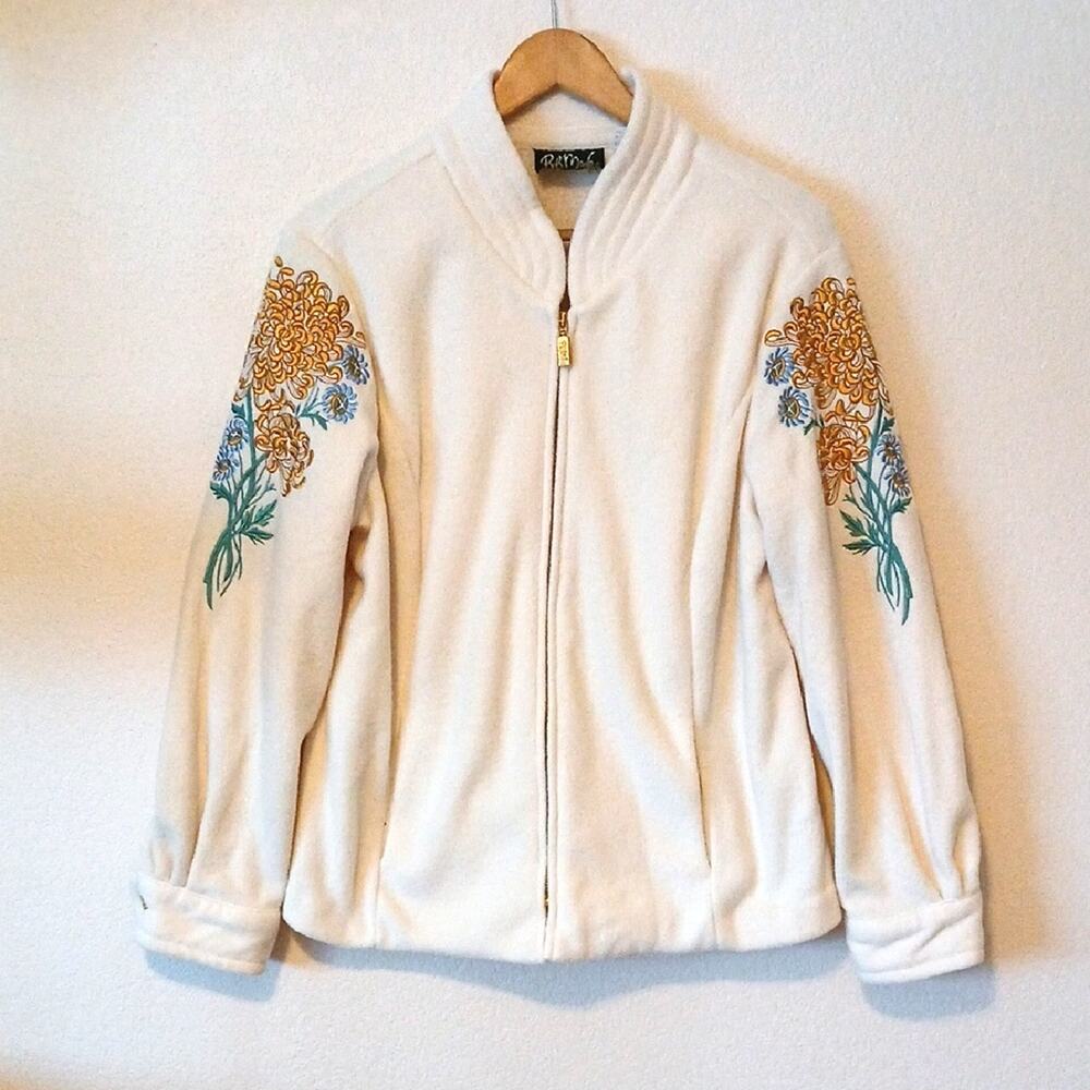 Bob Mackie Wearable Art Cream Fleece Zip Up Embroidered Flower Sleeves